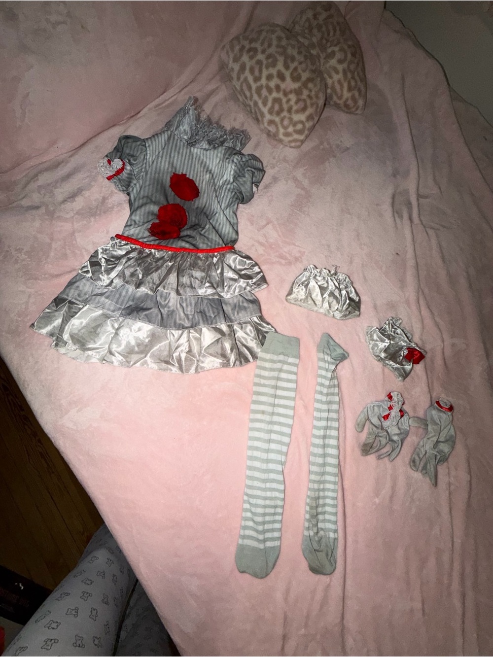 IT costume Spirit Gray and Red Striped Clown Costume with Pom Poms